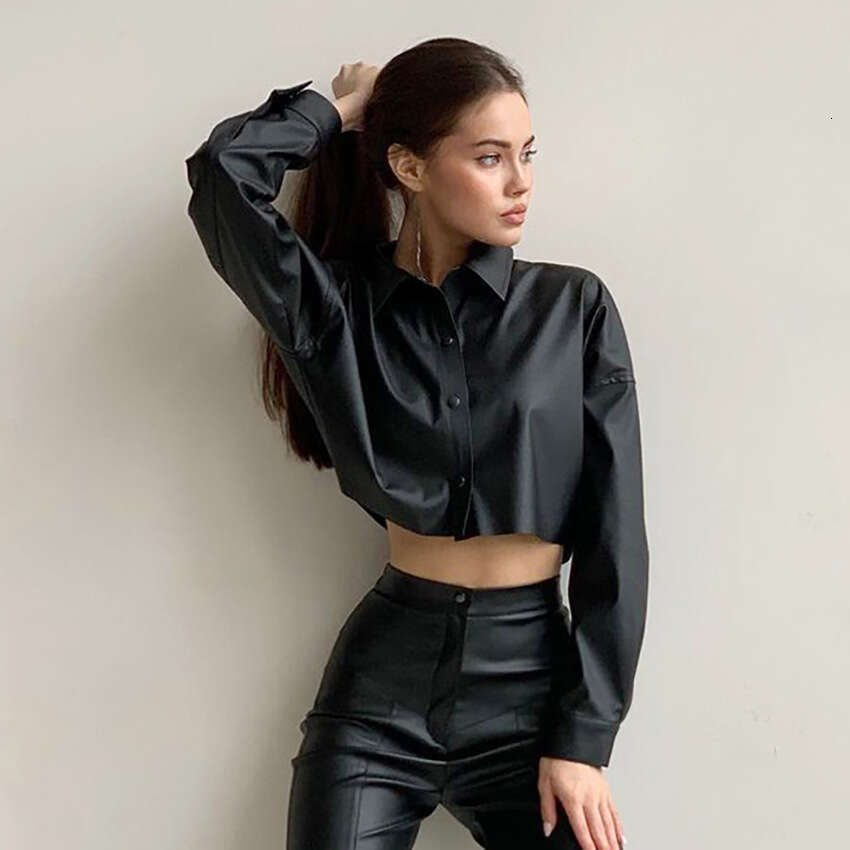 shanshi leather jacket women Autumn/Winter New PU Leather Clothes Women's Street Spicy Girls' Naked Top Long Sleeve Short Shirt Motorcycle S