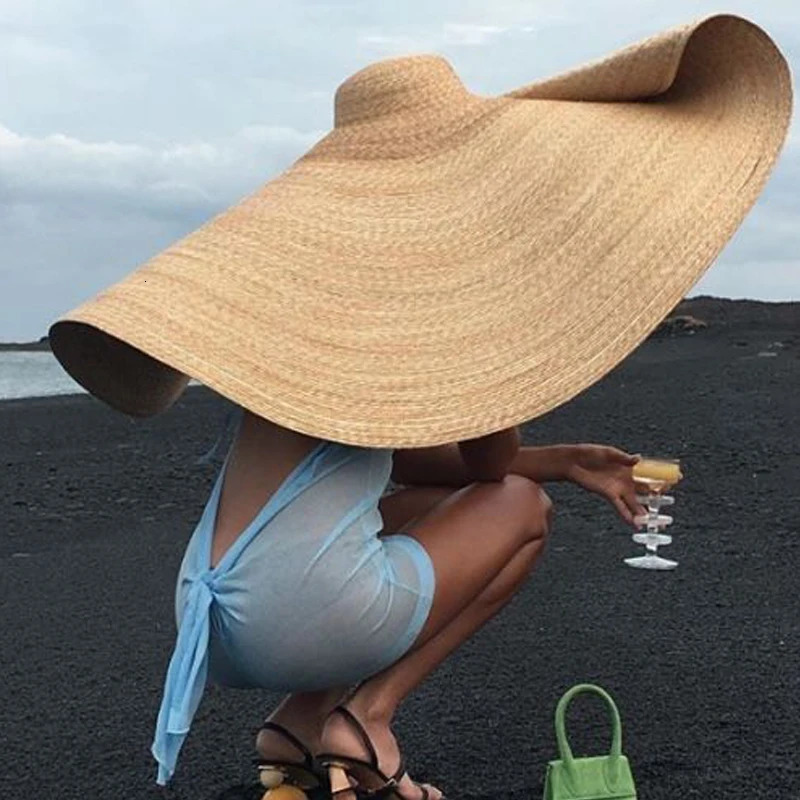 80cm Fashion Large Sun Hat Beach AntiUV Protection Foldable Straw sombrero Lace Up Brim hat collapsible beach gorras240409
