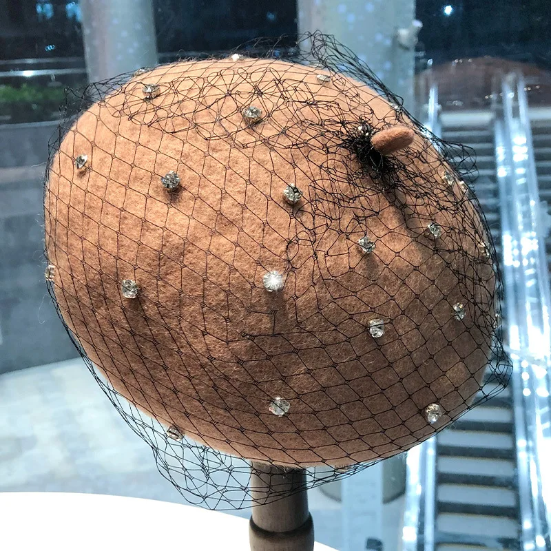 Pearl Caps Dia Water Autumn Winter Female Beanie Pumpkin Women Mesh Veil Wool Beret ddmysmile Vintage New Trend Painter Hat Smile