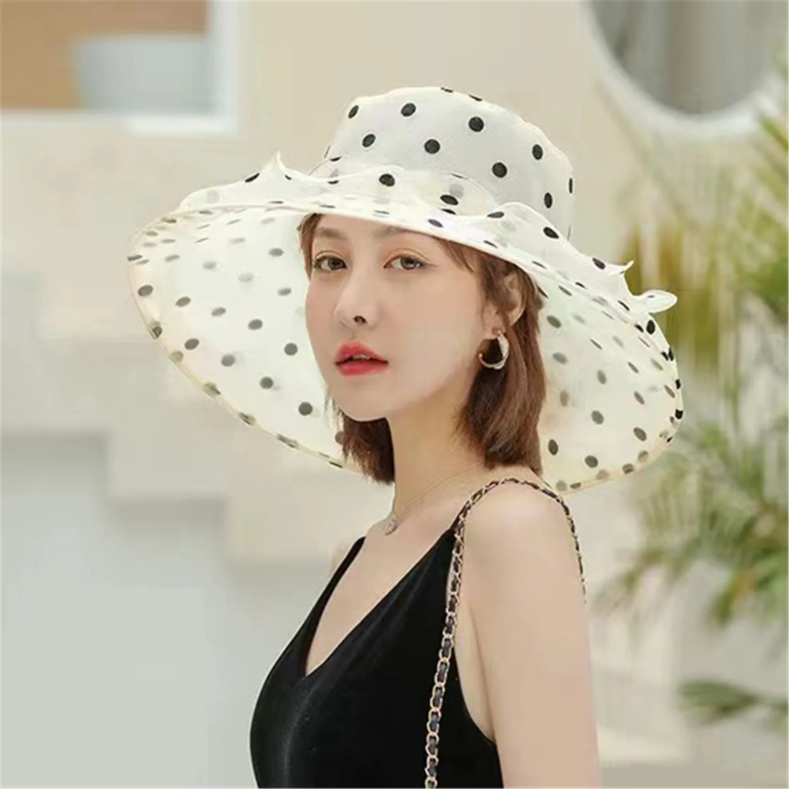 Church Women Summer Organza Wide Brim Bucket Hat Charming Sweet Elegant Dots Sunscreen Sun Hat Lady Wedding Foldable Panama Cap smile