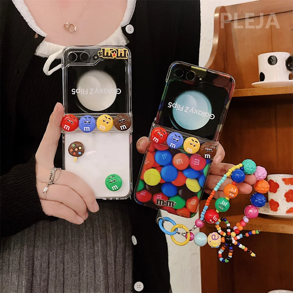 Hinge Korean Cute Chocolate Case ddmysmile For Samsung Galaxy Z Flip 5 4 3 Flip3 Flip4 Flip5 Zflip5 With Candy Beads Bracelet Chain Cover Smile