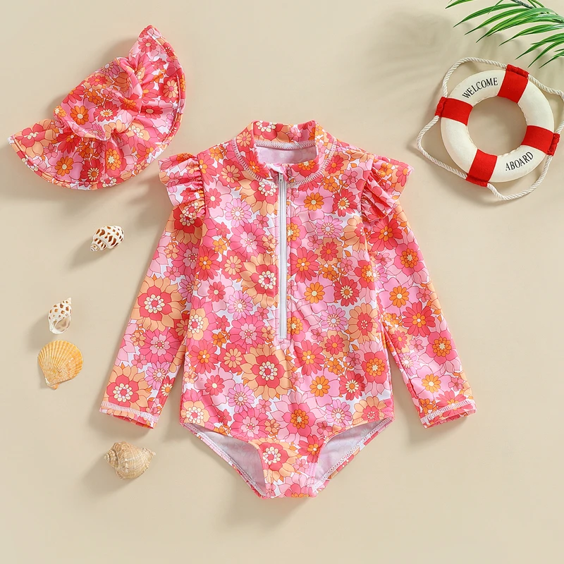 Toddler Kid 0-3Y ma&baby Infant Baby Girl Swimsuit Long Sleeve Floral Print Swimwear Summer Beachwear Bathing Suit + Hat smile +