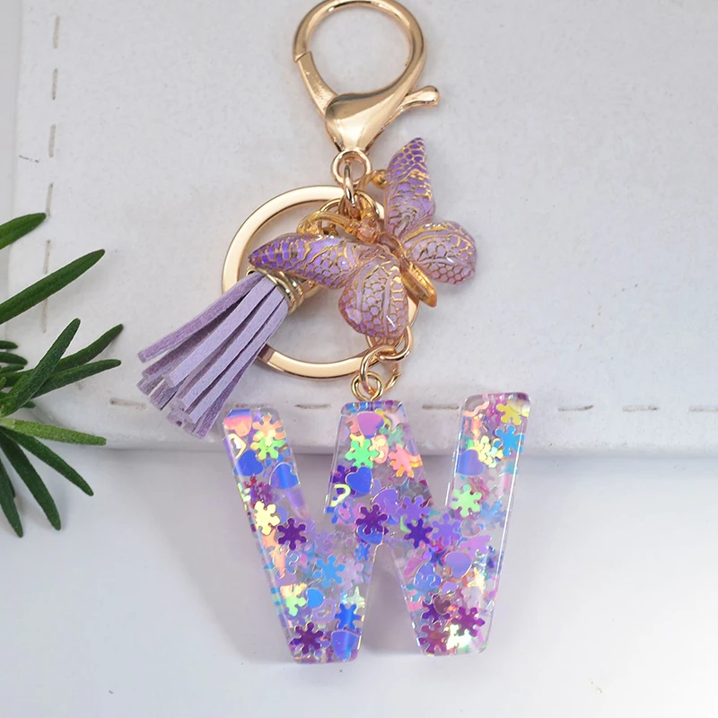 fa ba Letter Butterfly Sequin A Z Shiny Keychain Resin Couple Initial Purple Stars Filled Pendant Keyrings Bag Car Key Charm Ornament