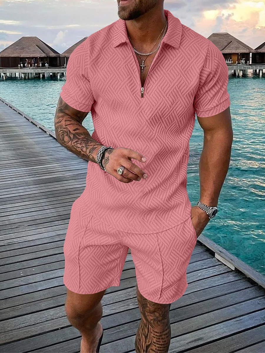 Summer Mens Shorts Set Short Sleeve Zip Polo Shirt Street Tshirt Two Piece Casual Sportswear 240409