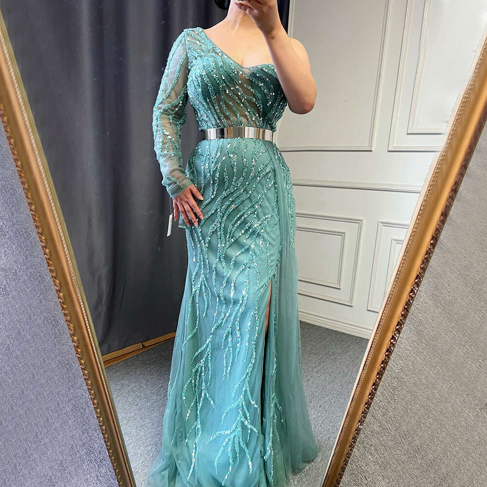 Turquoise Serene Hill Mermaid Split Evening Dresses Gowns Sexy One-Shoulder Beaded Overskirt For Party La71520 Customized