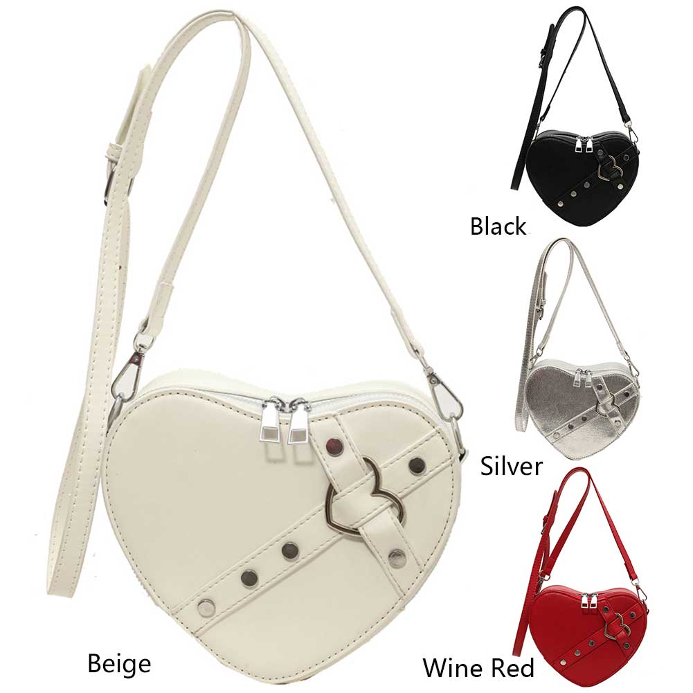 Women Heart Crossbody Bags PU Leather Small Heart Rivet Bag Solid Color Adjustable Strap Female Outdoor Bag
