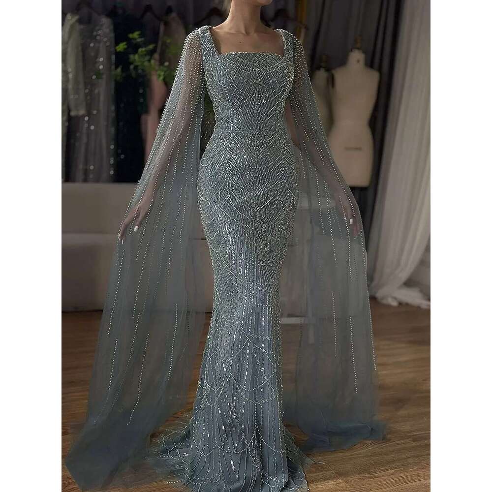 Hill Saudi Serene Arabic Turquoise Mermaid Evening Dress With Beaded Pearls Cape Sleeves For Ocn LA A Customized