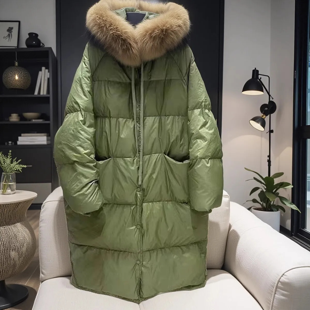 Super Raccoon Fur Army Green Quilt Down Jacket Winter Thick Plus Loose Warm White Duck Inflatable Jacket Womens 241108