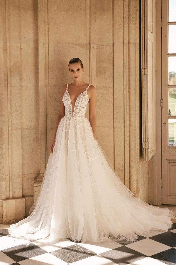 Sexy 2024 New A Line Spaghetti Straps Wedding Dresses Backless Appliques Tulle Ruffles Long Bridal Gowns Plus Size BC16587 ppliques