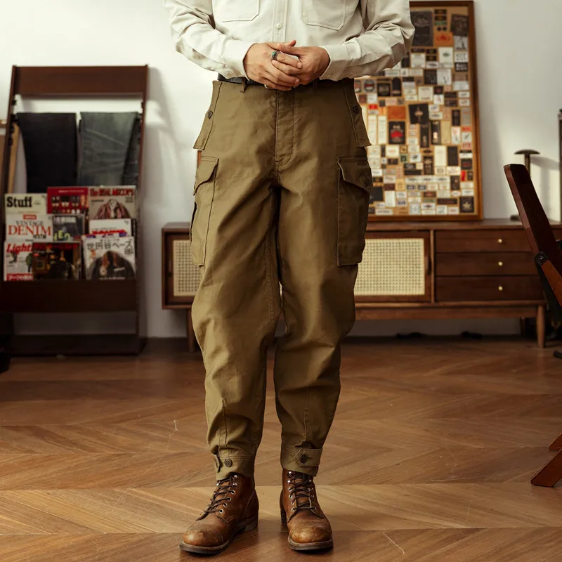 Red Tornado Ground Crew Trousers 1930s Style Mens Tapered Cargo Pants Dark Khaki