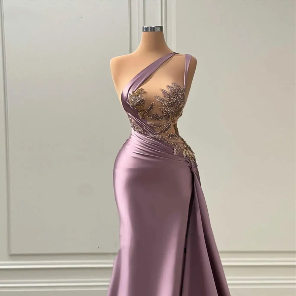 Purple One Shoulder 2025 Evening Dresses Women's Mermaid Chest Waist Seen Through Sexy Party new Gowns Beaded Pleats Satin Floor Skirts