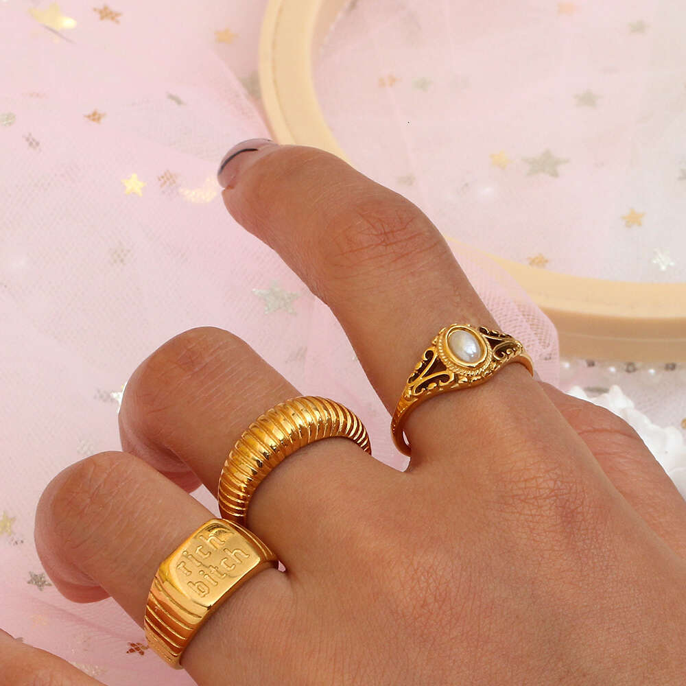 Thin Plated E.B.belle Hollow Texture Natural Freshwater Pearl Rings For Women Stainless Steel Tarnish Free Gold Ring