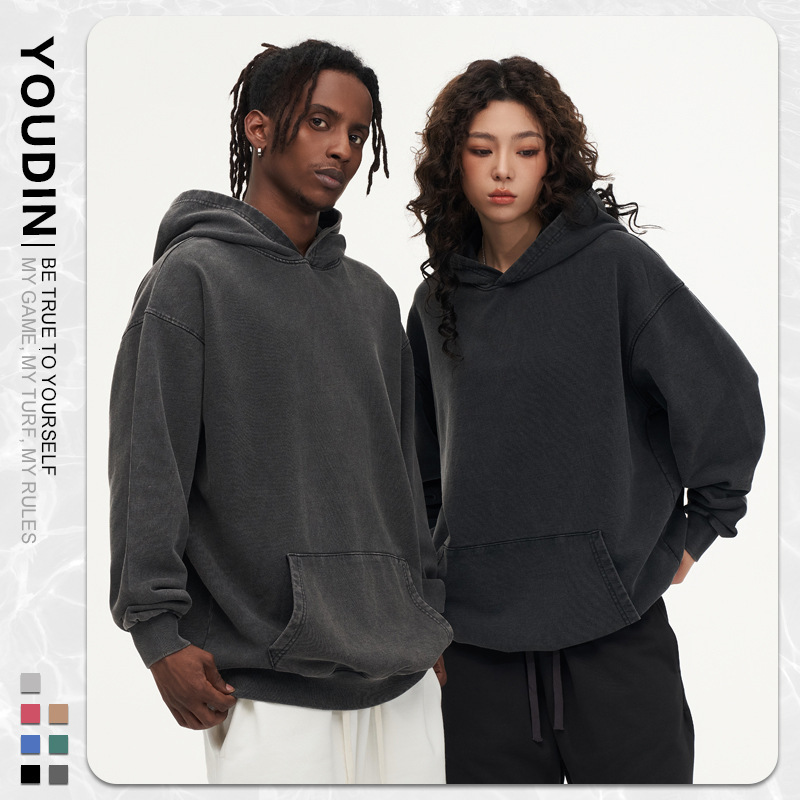 Designe's fashionable vesatile 425G autumn/winte Ameican wax pinted vintage hooded sweatshit fo men, made of pue cotton looped hai and washed wit