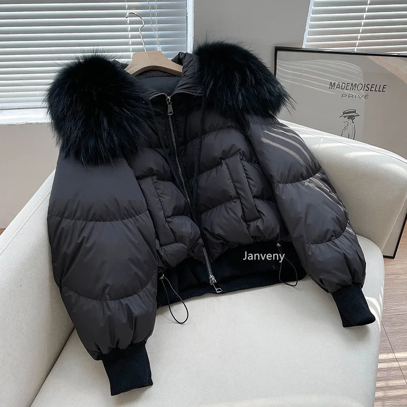 Janveny Short Puffer Coat Loose White Duck Down Jacket Womens Natural Raccoon Fur Thick Warm Womens Park Jacket 241108