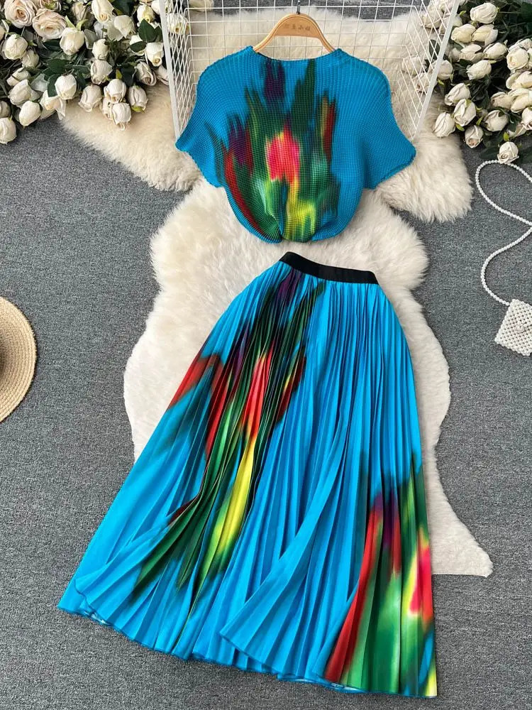 Summer Runway Pleats Floral Print Two Piece Set Women Half High Collar Stretch TopElastic Waist Long Pleated Skirt Outfits 240329