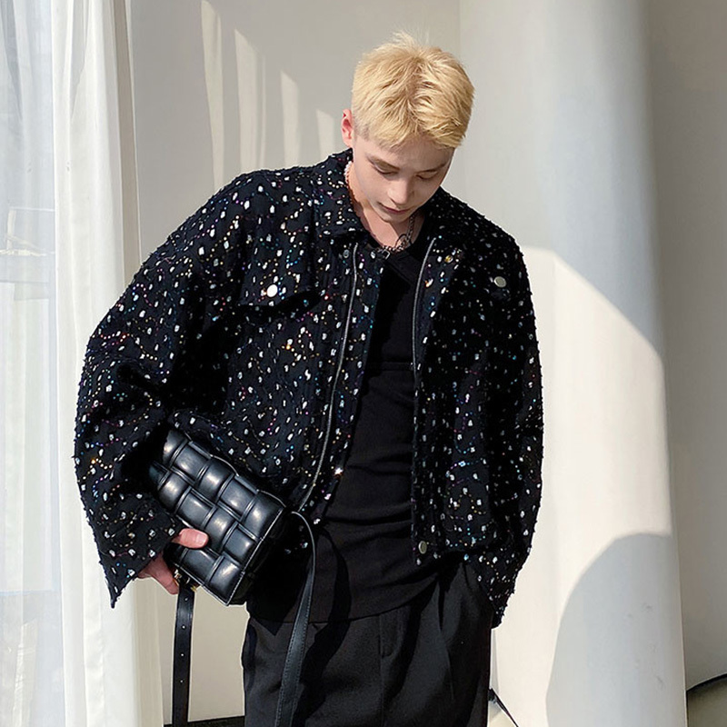 IEFB Personality Embroidery Sequin Short Men's Jacket Trend Korean Lapel new 2023 Autumn 2025 Casual Turn-down Collar Coat 9A1711