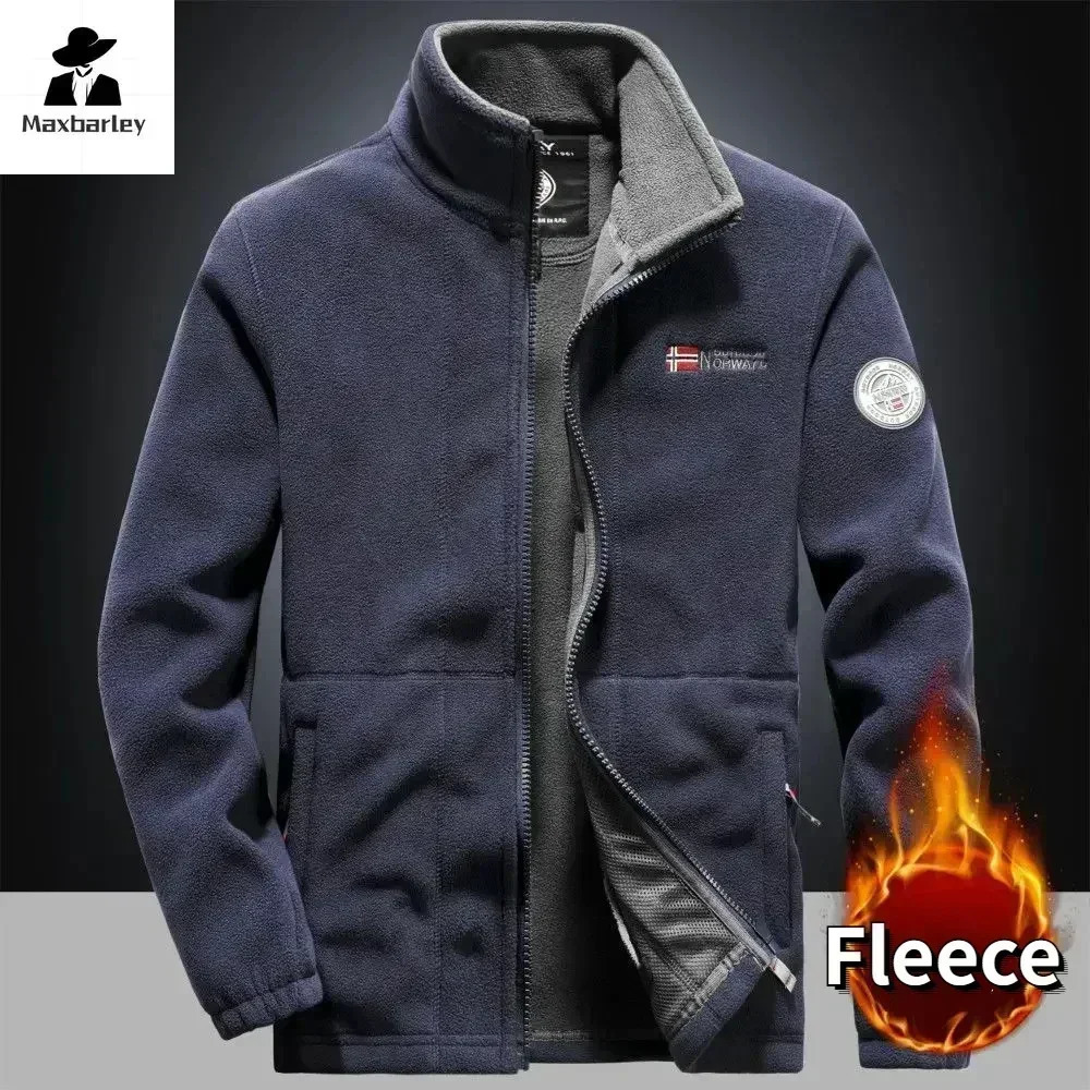 Winter Warm Fleece Jacket Mens Climbing Double Thickened Pocket Outdoor High Collar Windproof Ski Sweatshirt Coat Men 241120