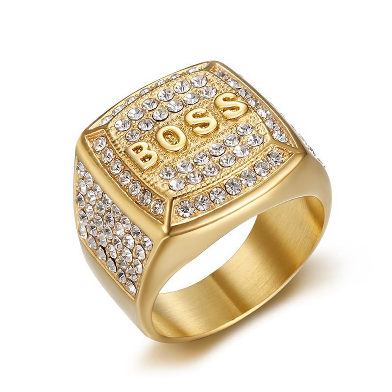 Hip Hop Square Stainless Steel BOSS Letter Casting Ring Real Gold Plated woth Zircon Jewelry