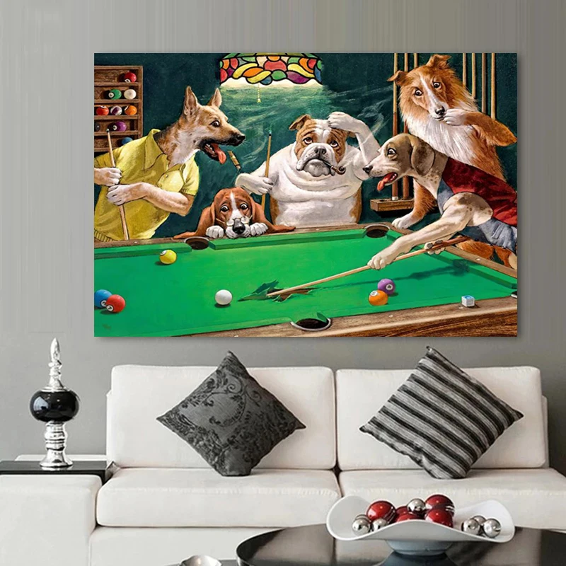 Retro Funny Animals Dog Playing Poker and Pool Billiards Canvas Painting Posters Print Wall Art Picture Living Room Home Decor