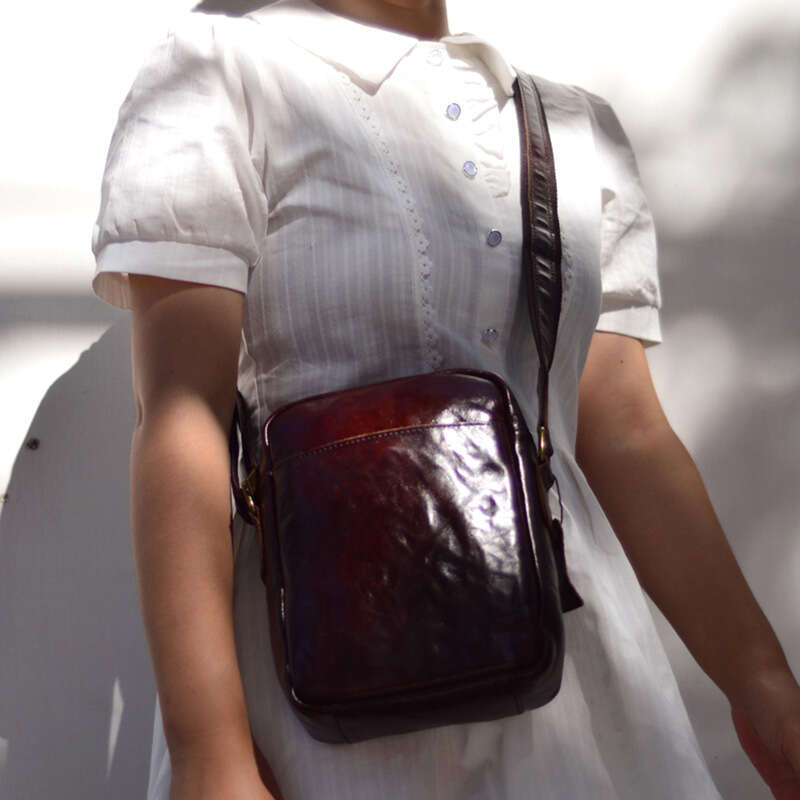 Vertical Crossbody Bag Durable Casual Unisex Business Shoulder Covering Plant Tanned Head Layer Cowhide High-Grade Texture