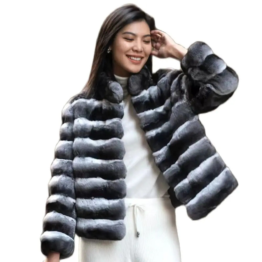 Womens Chinchilla Striped Jacket Rex Rabbit Fur One Piece Fur Coat Length 60cm 241108