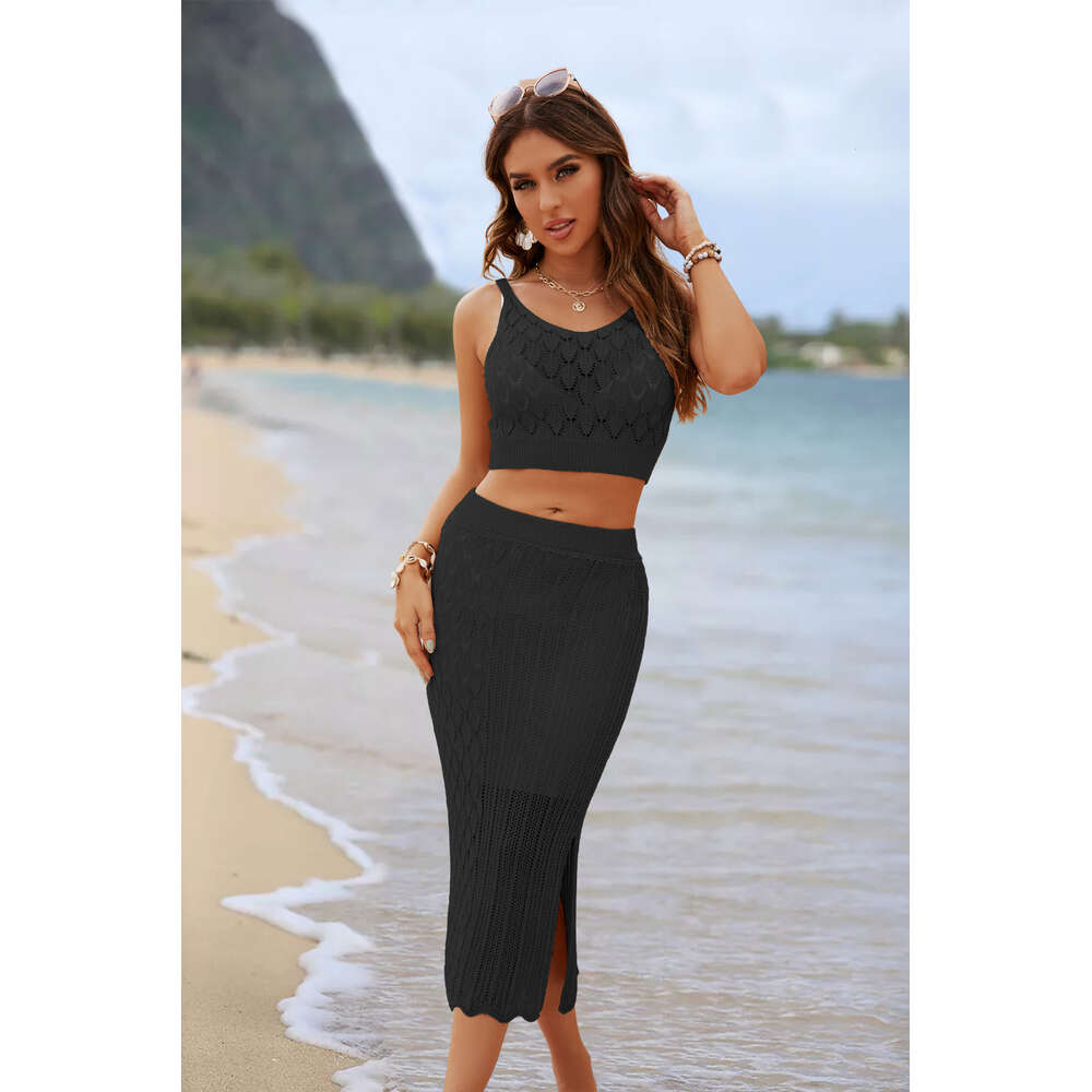Summer New Women's Solid Color Diamond Grid Stripe Two Piece Set Small Tank Top Split Long Skirt for Women F41071