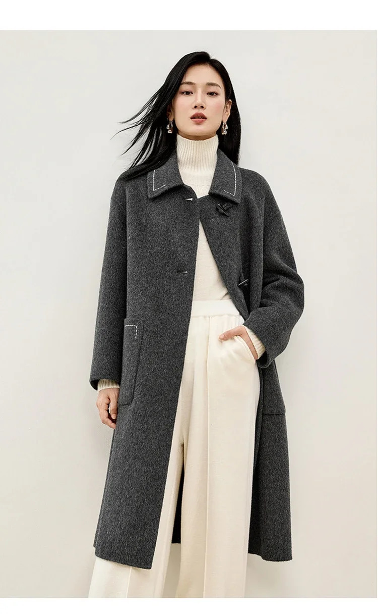 SENTUBILA Korean style 100% wool coat womens winter oversized double-sided lapel large pocket coat W44O56662 241108