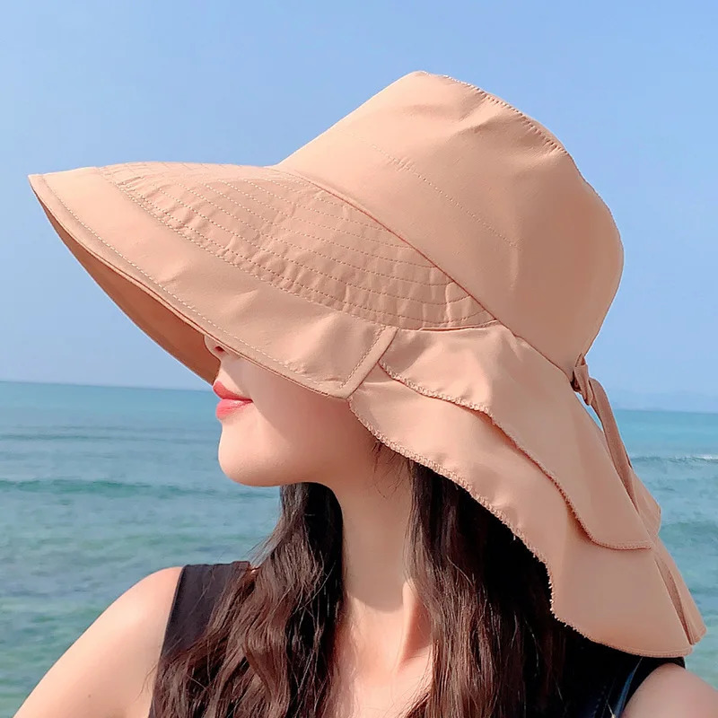 Womens Summer Hat for The Sun Wide Brim UV Neck Protection Solar Beach Bucket Hats Foldable tail Travel Panama Caps Female 240403