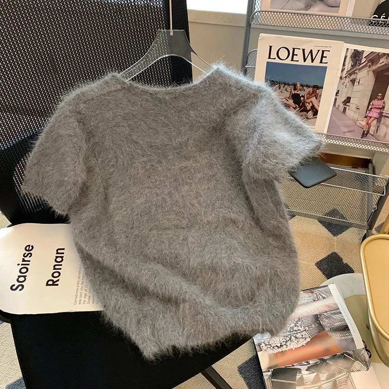 Grey Mohair Knitted Sweater T-shirt Women Summer V-neck Short Sleeve Soft Tees Pullover Casual Vintage Korean Fashion Tops 240410