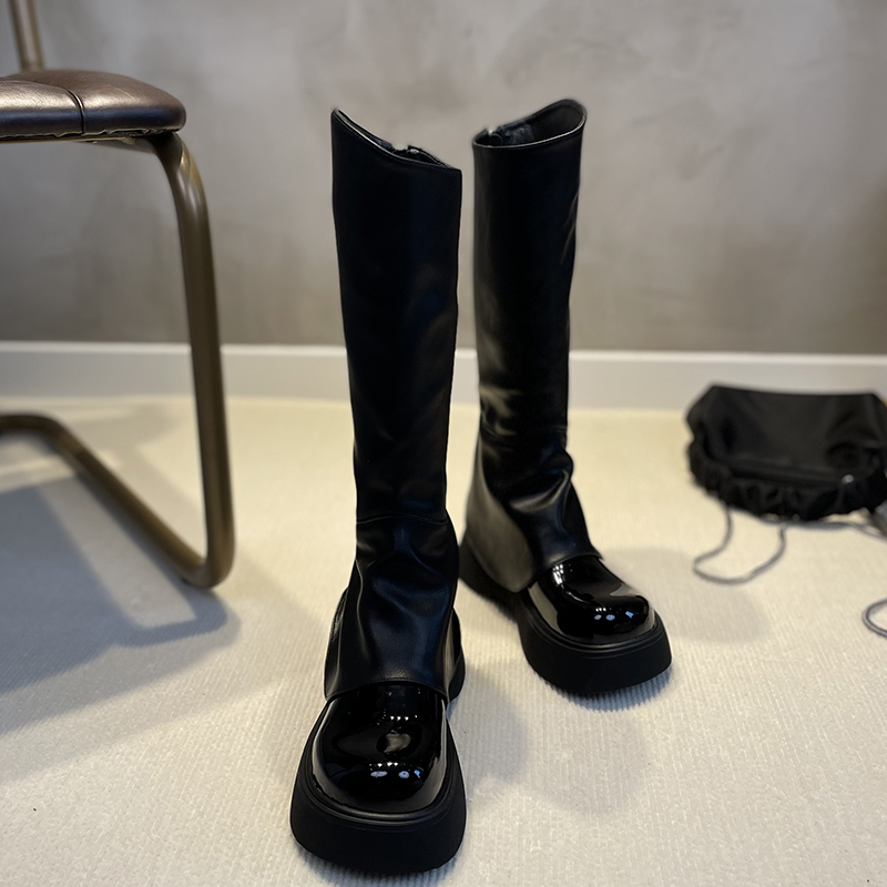 Flat Motorcycle Wedges Woman High Heel Platform PU Leather Lace Up Women Shoes Black Boots Girls e5ed