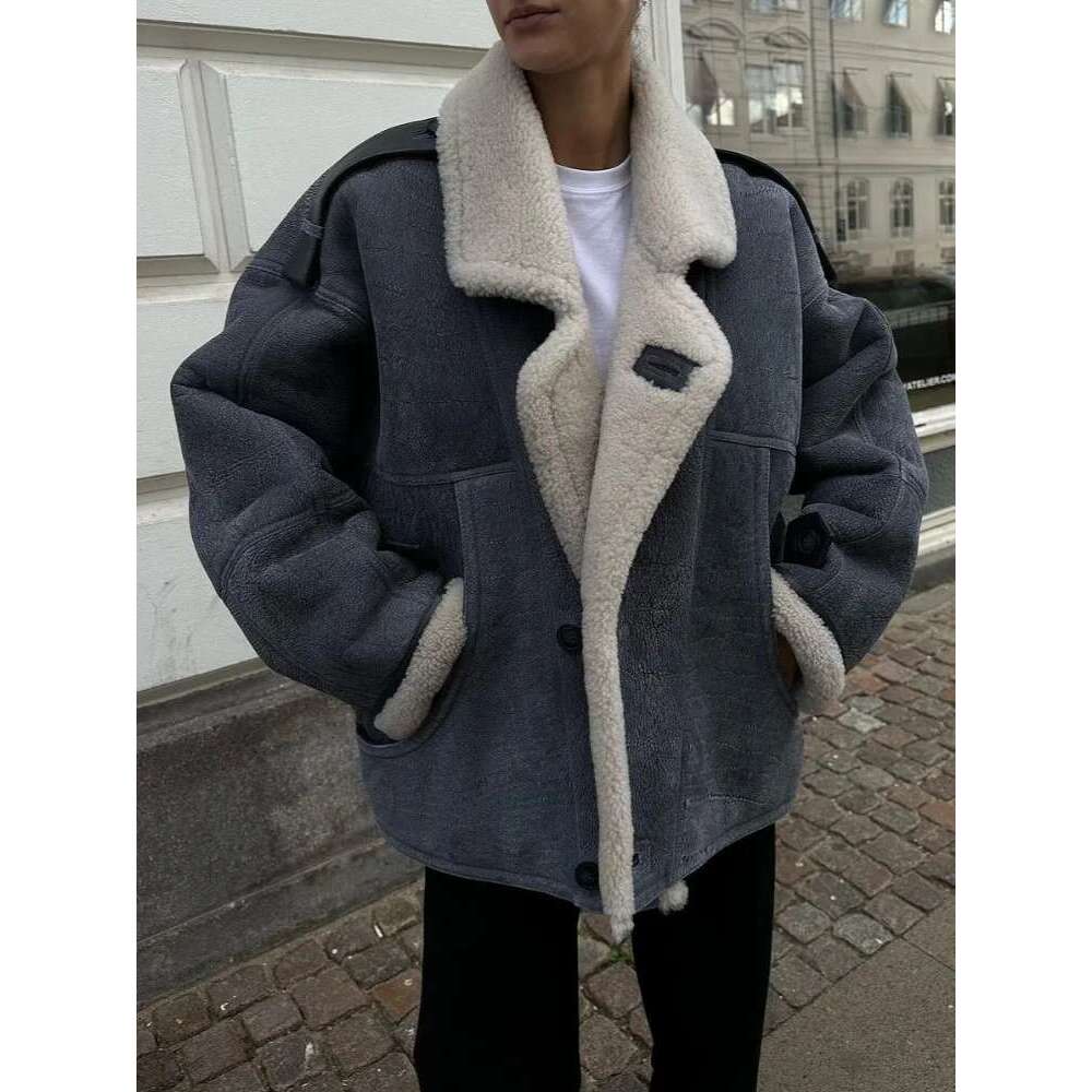 Fashion Blue Lamb Wool Ed Thick Coat Women Casual Single Breasted Lapel Pocket Warm Jacket 2024 Winter New Lady Chic Outwear