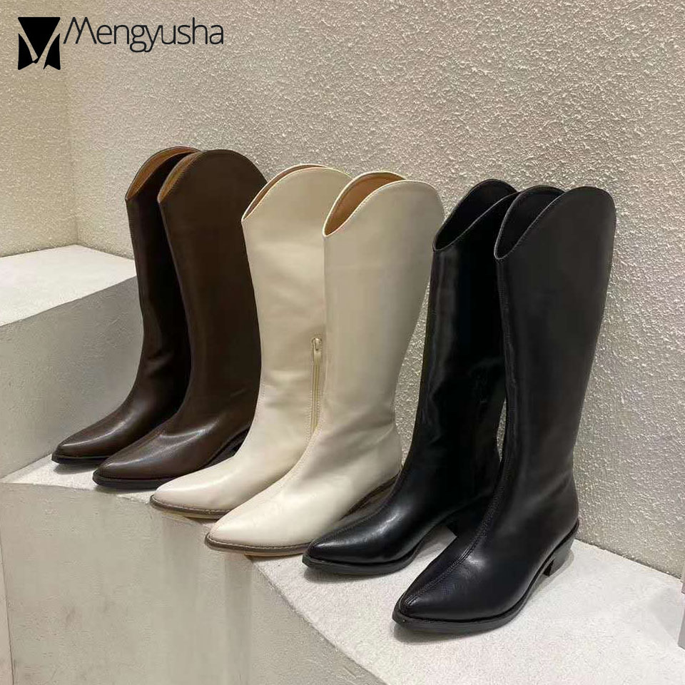 toe long pointed riding boots women hoof heel V open knee high leather booties 2023 winter slim cowboy botas mujer 2b4f
