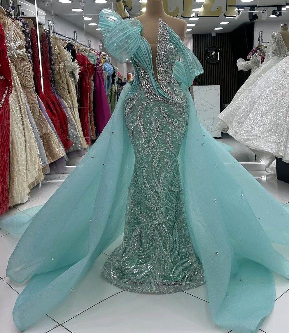 2024 Plus Size Sage Mermaid Prom Dresses For Special Occasions Sequined Rhinestones Luxurious Evening Party Birthday Gowns Dress For Women Vestidos de