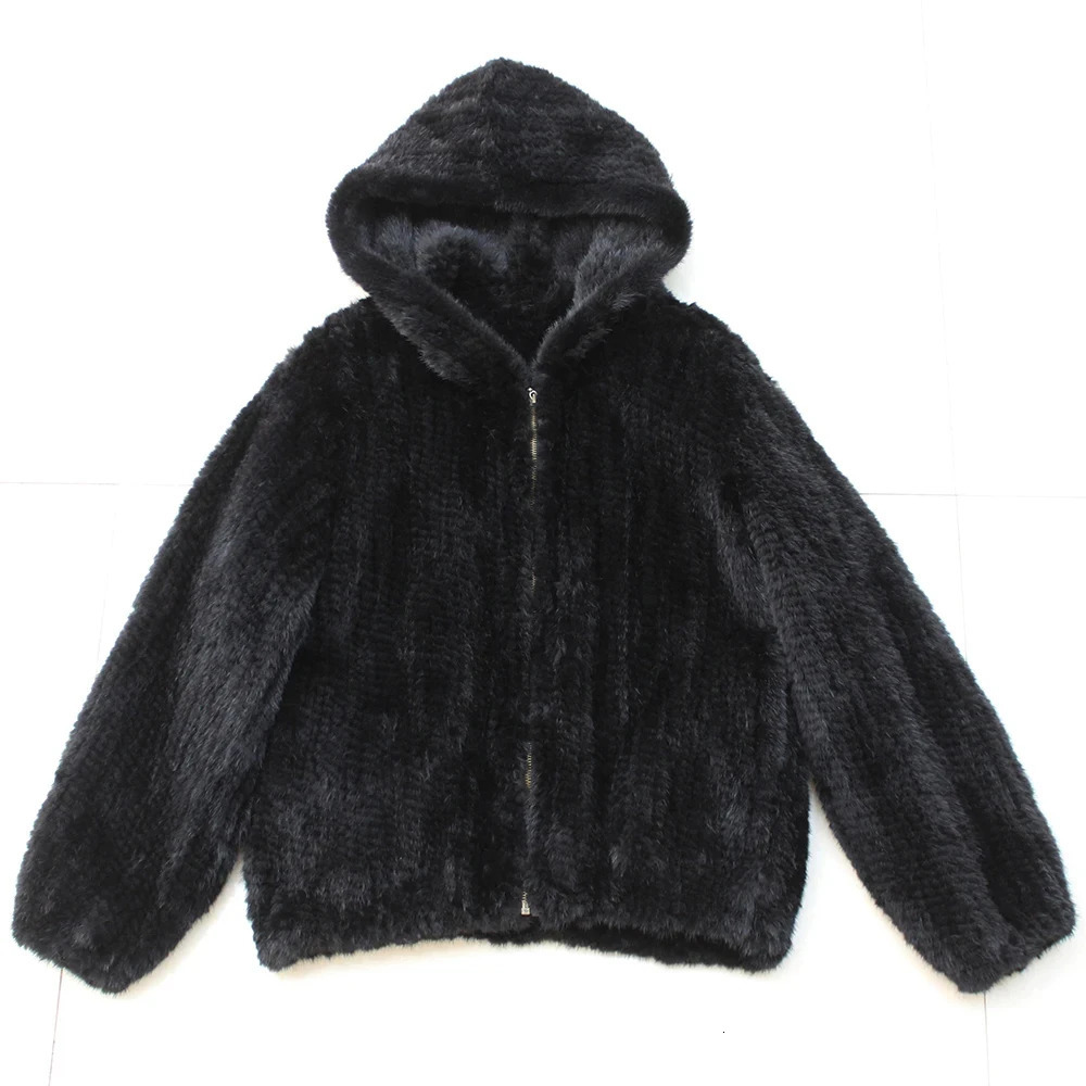 Fashion Knitted Mink Hoodie Winter Womens Warm Natural Fur Jacket Womens Casual Solid Long Sleeve Jacket 241108