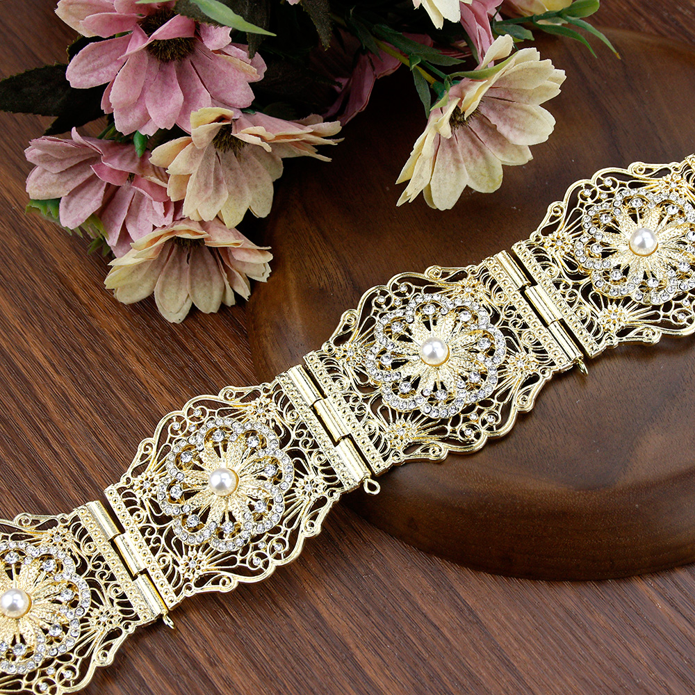 Sunspicems Gold Color Algeria Morocco Pearl Wedding Jewelry Crystal Belt Crown Earring Necklace Bangle Sets 5pcs Bridal Bijoux