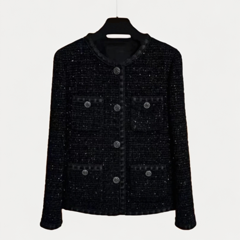 Chan 2024 Autumn/Winter New Women's Sparkling Black Floral Small Fragrance Thick Down Top, French Round Neck Haired Short Style Temperament Top