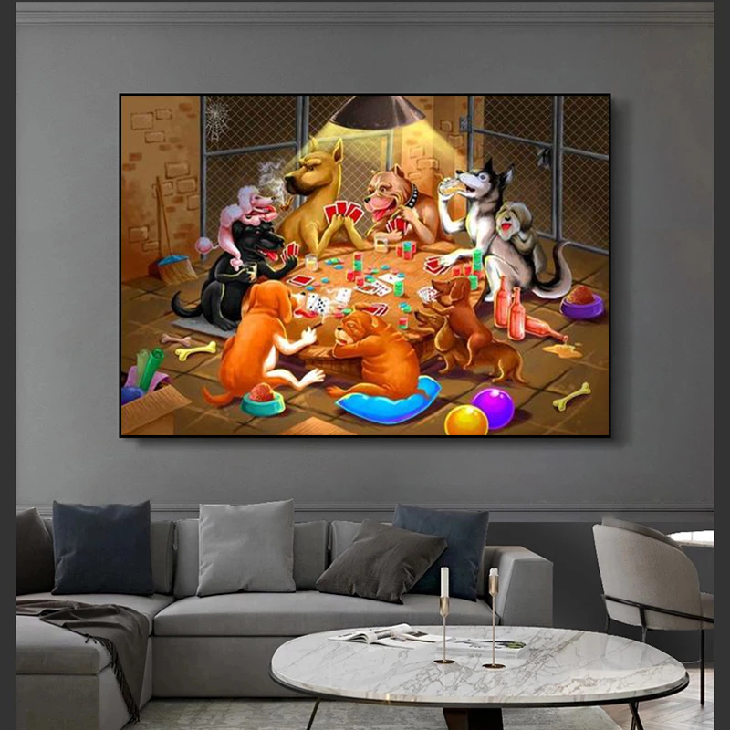 Retro Funny Animals Dog Playing Poker and Pool Billiards Canvas Painting Posters Print Wall Art Picture Living Room Home Decor