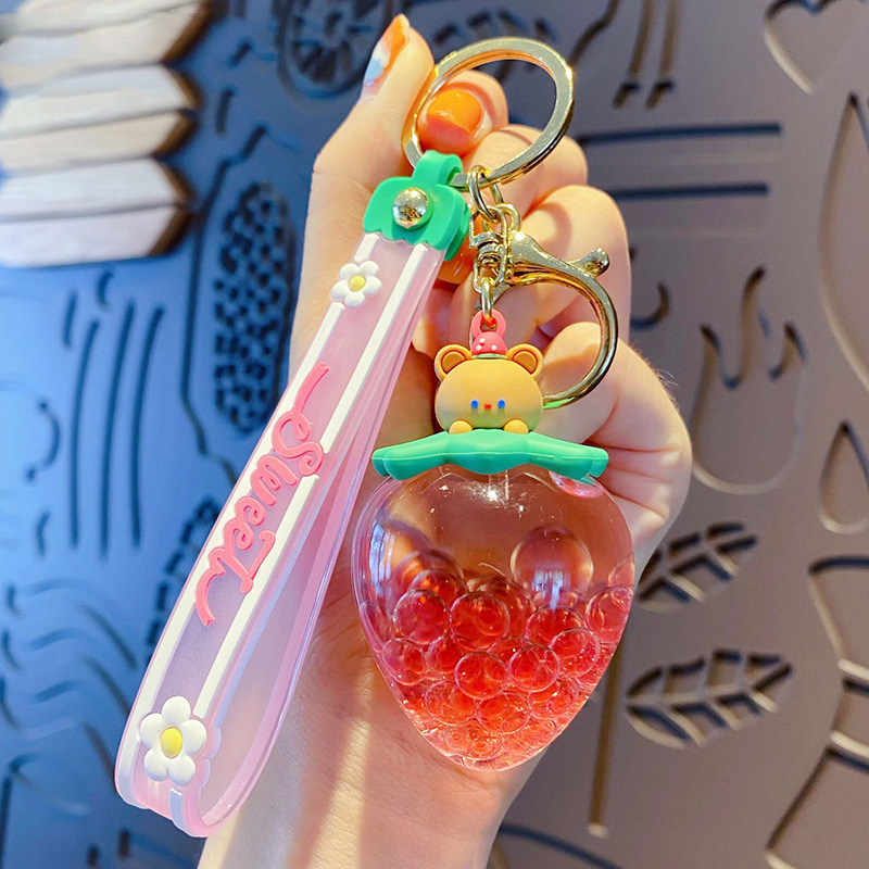 Sweet Strawberry Fruit Cup Floating Rabbit Keychain Cute Moving Liquid Quicksand Bear Doll Key Chain Women Girl Bag Gift Pendant