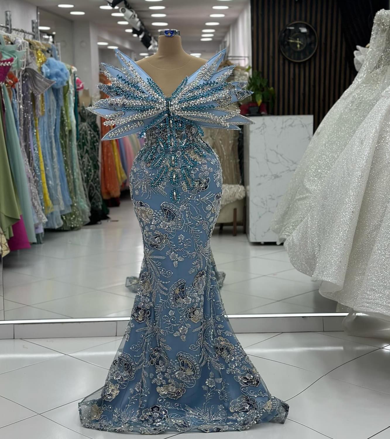 2024 Plus Size Sky Blue Mermaid Prom Dresses For Special Occasions Florals Rhinestones Sequined Lace Evening Party Birthday Gowns Dress For Women Vest
