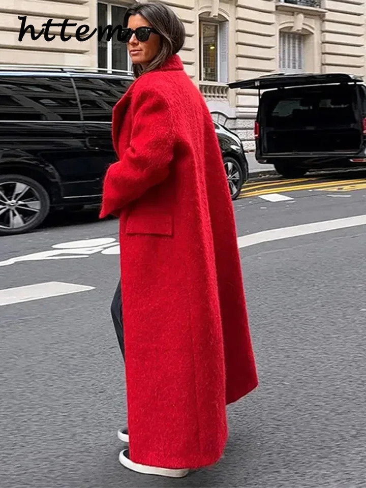Street Wool Blended Womens Long Red Coat Loose Collar Single Chest Pocket Coat Autumn Winter Womens Solid Street Clothing 241108