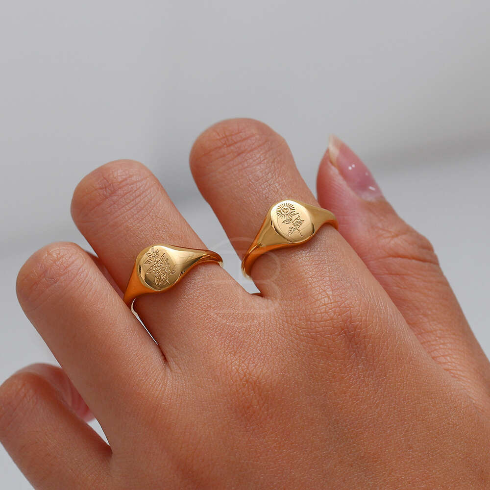 Tarnish Free E.B.belle Stainless Steel Gold Plated Engraving Wildwer Tea Leaf Lavender Suower Signet Rings For Women