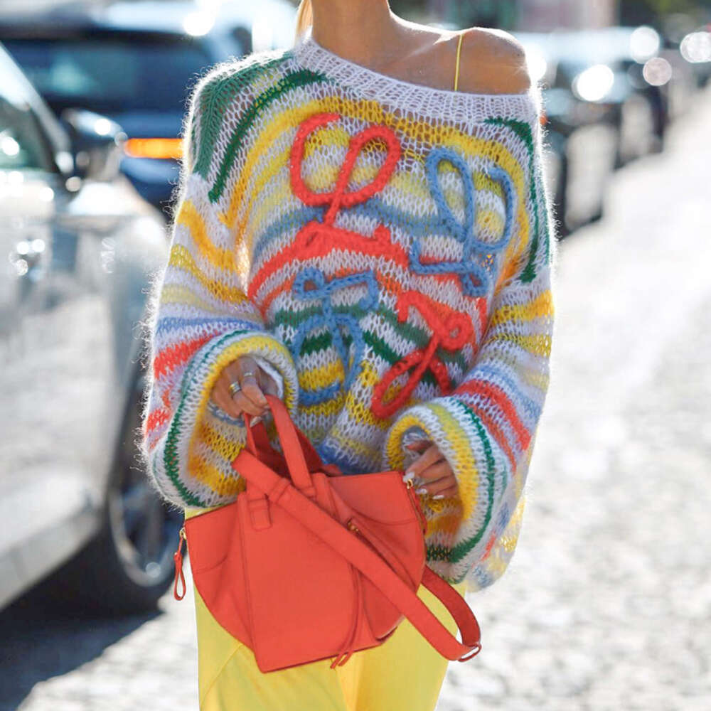 Women's Sweaters Women's Sweaters Long Sleev Mohair Vintage Sweater Woman Winter Crewneck Wool Rainbow Stripe Knit Pullover Design Clothing