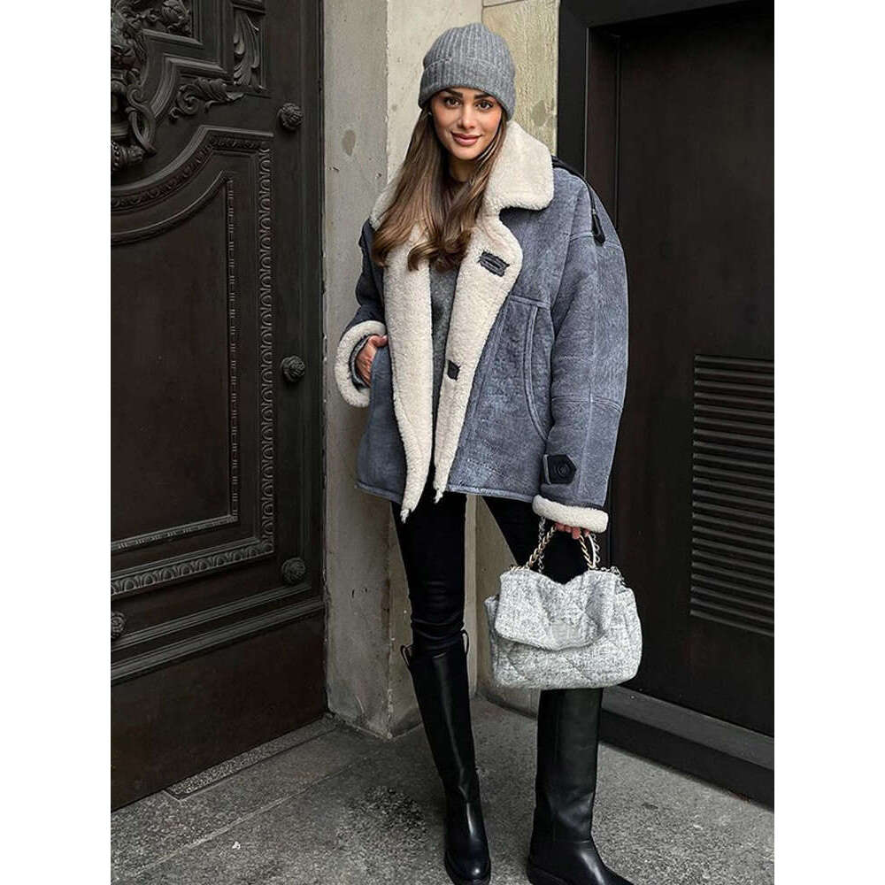 Fashion Blue Lamb Wool Ed Thick Coat Women Casual Single Breasted Lapel Pocket Warm Jacket 2024 Winter New Lady Chic Outwear
