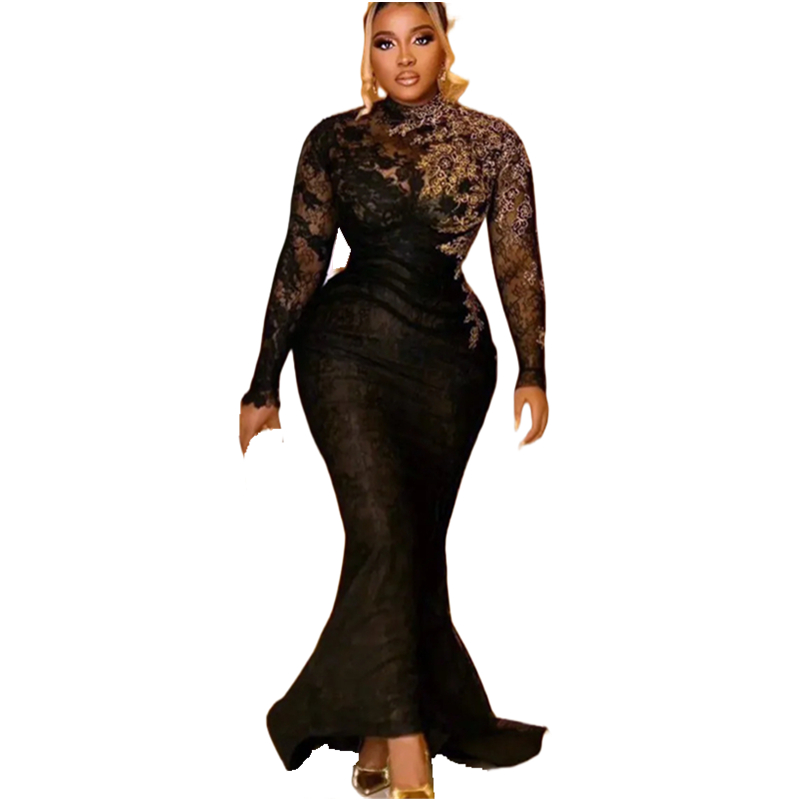 Vintage Black Lace Mermaid Evening Dresses With Gold Appliques Long Sleeves High Neck Formal Occasion Gown For Women 2024 Aso Ebi Arabic Prom Dress