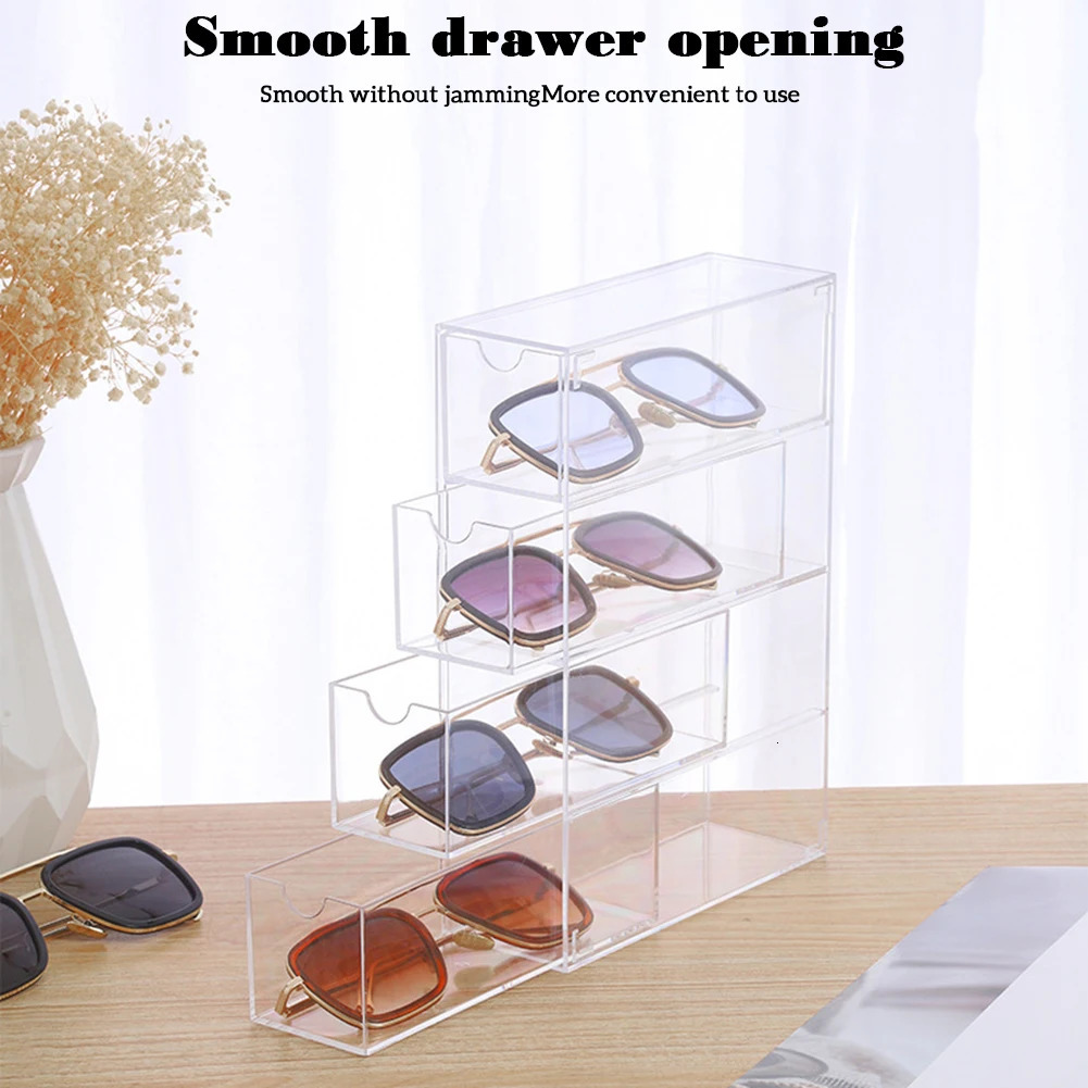 Acrylic Glasses Storage Box Stackable 4 Layer Desktop Sunglasses Drawer Display Case Dustproof Stationery Organize For Home 240327