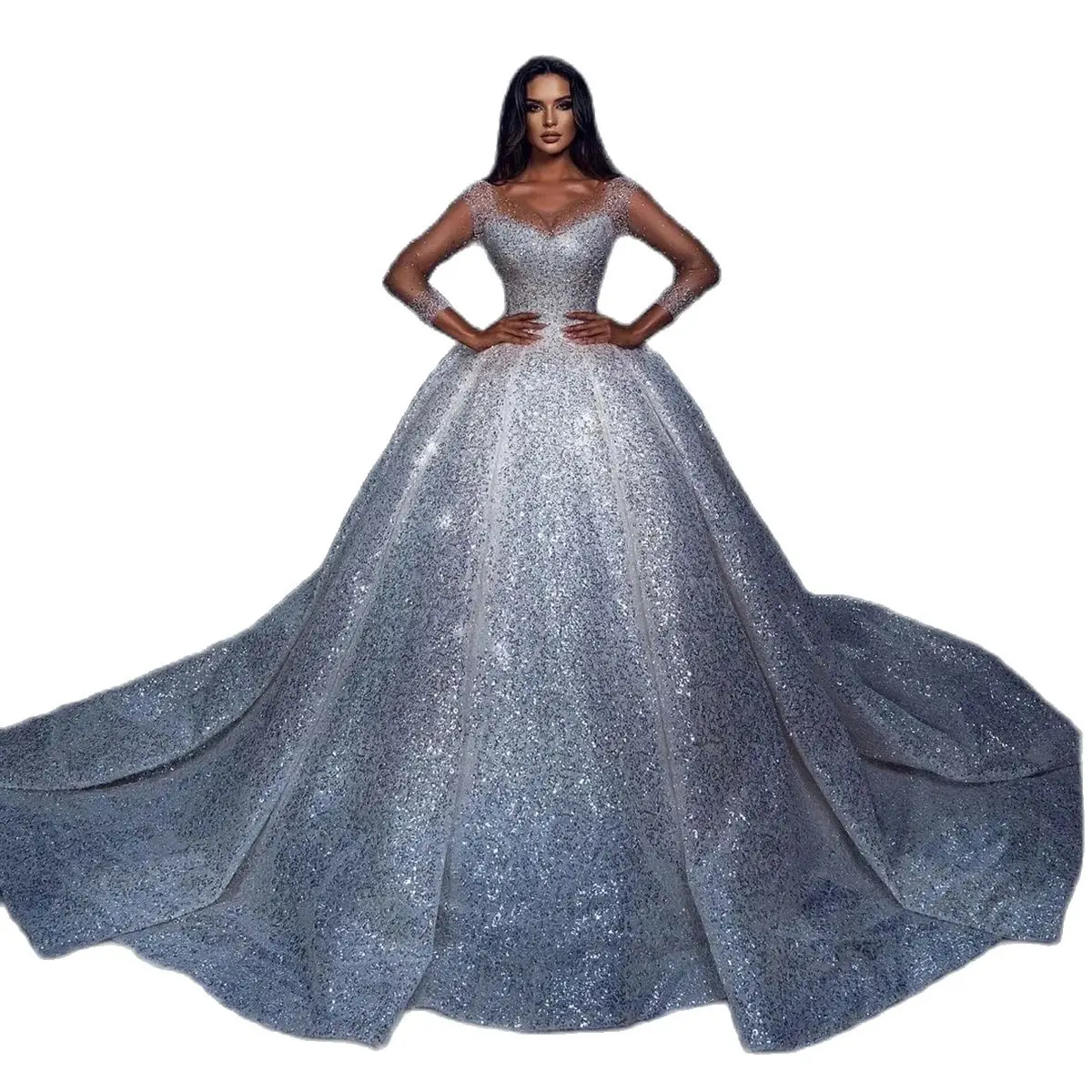 Gorgeous Ball Gown Wedding Dress Sheer Neck Long Sleeves Bridal Gown Appliques Sequins Sweep Train Dresses Custom Made vestidos de novia