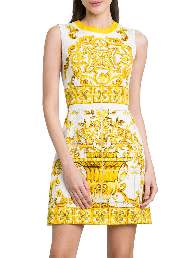 Fashion Women Jacquard Yellow Porcelian Print Dress Summer Lady O-Neck Sleeveless Street Mini Vestidos