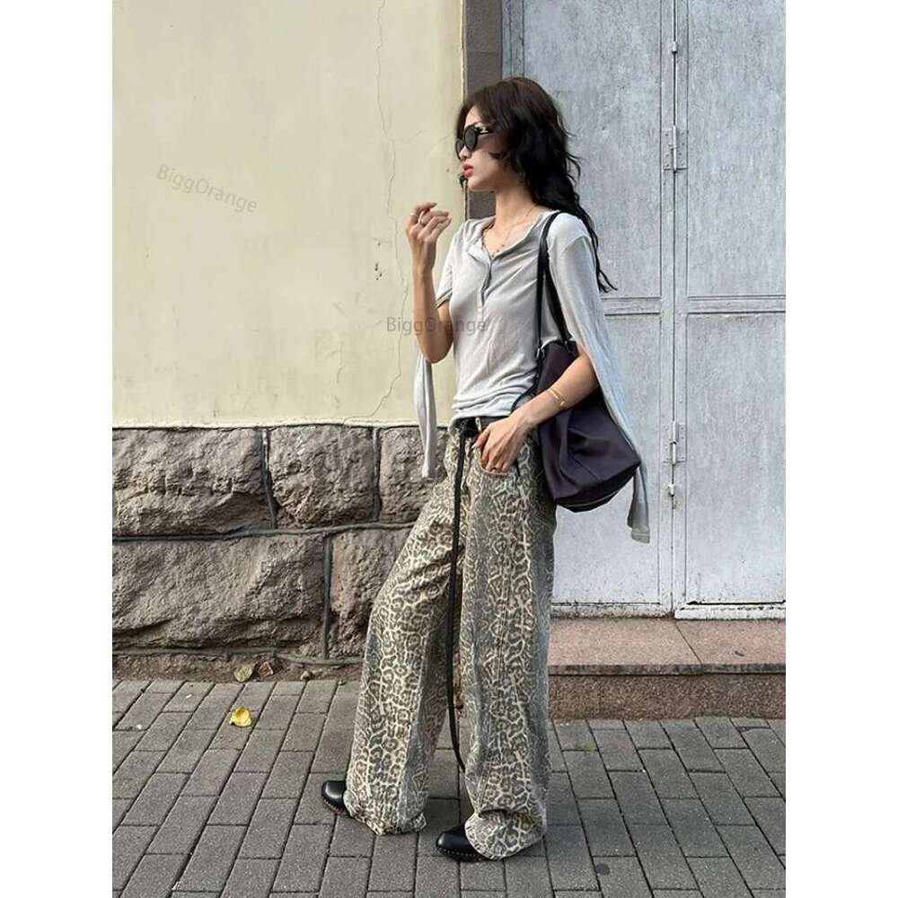 American Leopard Wash Jeans Women Y2k Retro Street Loose Korean Style Casual Hot Girl High Waist Straight Denim Trouser