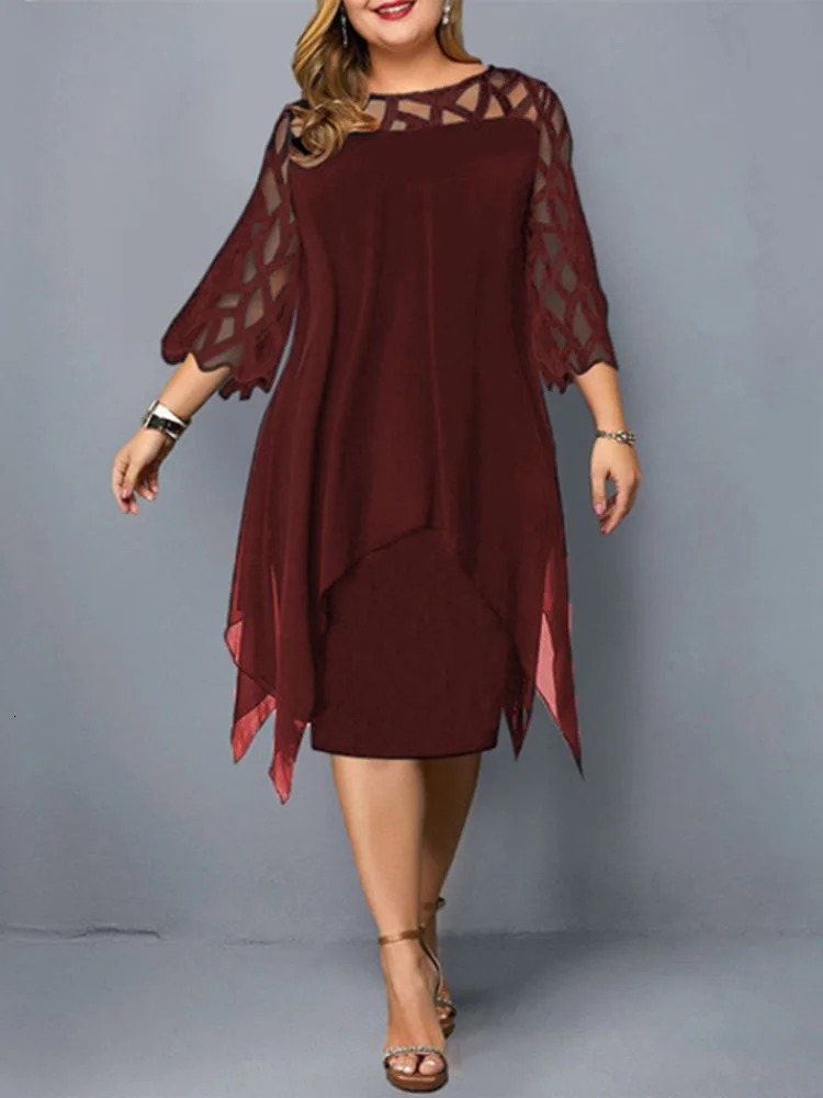 Elegant Midi Party Dress For Chubby Women Xxl O Neck Lace Sleeve Hollow Out Solid Sexy WomenS Clothing Evening Dresses 2023 240402