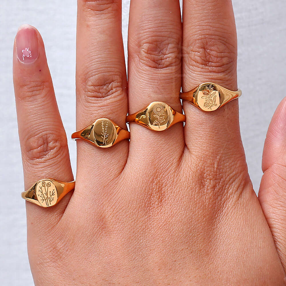 Tarnish Free E.B.belle Stainless Steel Gold Plated Engraving Wildwer Tea Leaf Lavender Suower Signet Rings For Women